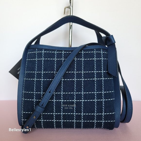 KATE SPADE Knott Denim Check & Leather MEDIUM Crossbody Tote- Indigo Multi color